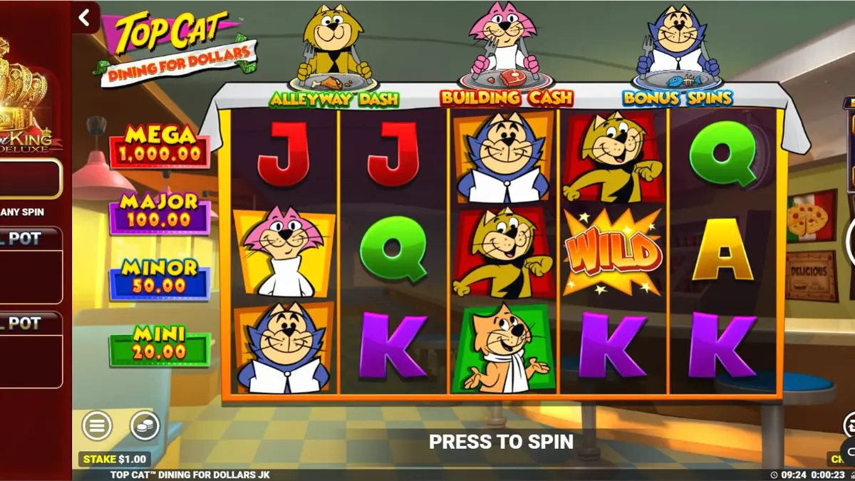 Tampilan visual slot Top Cat Dining For Dollars dengan karakter kartun di meja makan